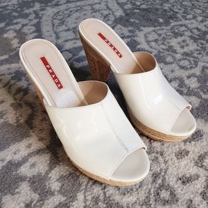 Prada Patent White Leather Cork Heel Peep Toe Slide Sandals